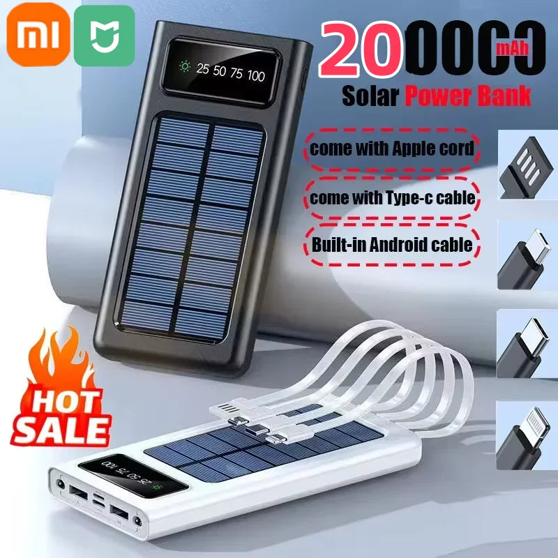 Xiaomi 200000mAh Solar Power Bank With Dual USB 4 Cables Large Capacity Mobile Power Fast Charging Battery For iPhone Samsun