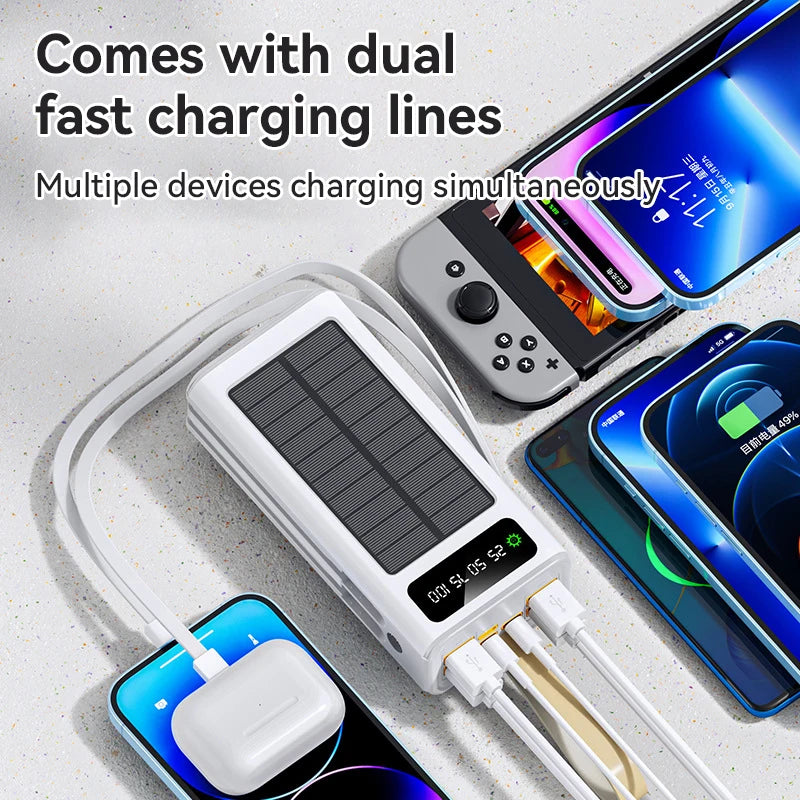 Xiaomi 50000mAh Large Capacity Solar Power Bank Built-in Cables Large Capacity LED Light Power Bank for iPhone Huawei Samsung
