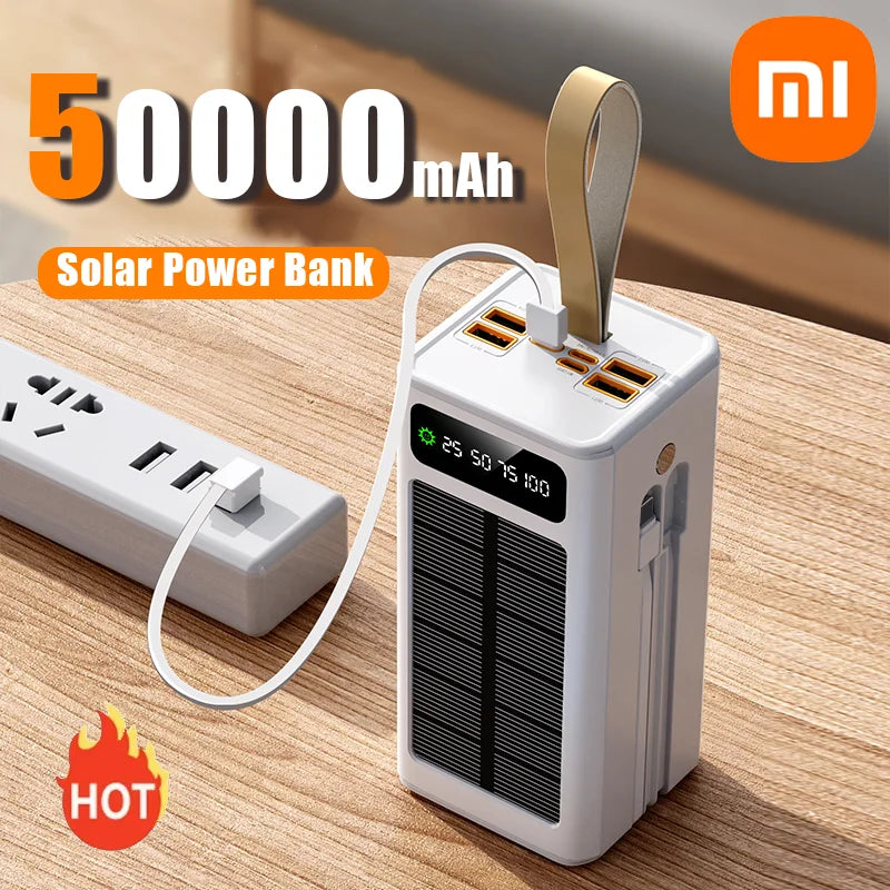 Xiaomi 50000mAh Large Capacity Solar Power Bank Built-in Cables Large Capacity LED Light Power Bank for iPhone Huawei Samsung