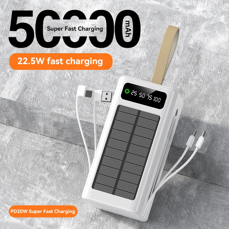 Xiaomi 50000mAh Large Capacity Solar Power Bank Built-in Cables Large Capacity LED Light Power Bank for iPhone Huawei Samsung