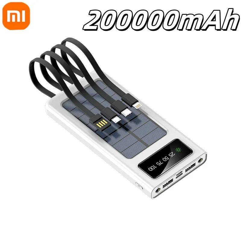 Xiaomi 200000mAh Solar Power Bank With Dual USB 4 Cables Large Capacity Mobile Power Fast Charging Battery For iPhone Samsun