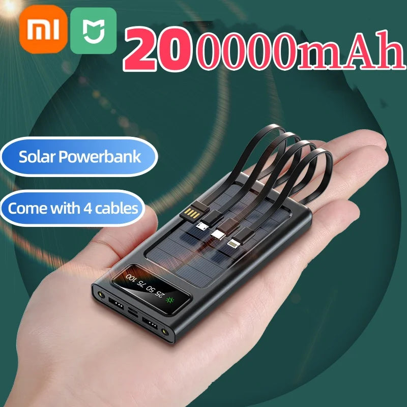 Xiaomi 200000mAh Solar Power Bank With Dual USB 4 Cables Large Capacity Mobile Power Fast Charging Battery For iPhone Samsun