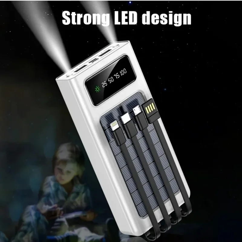 Xiaomi 200000mAh Solar Power Bank With Dual USB 4 Cables Large Capacity Mobile Power Fast Charging Battery For iPhone Samsun