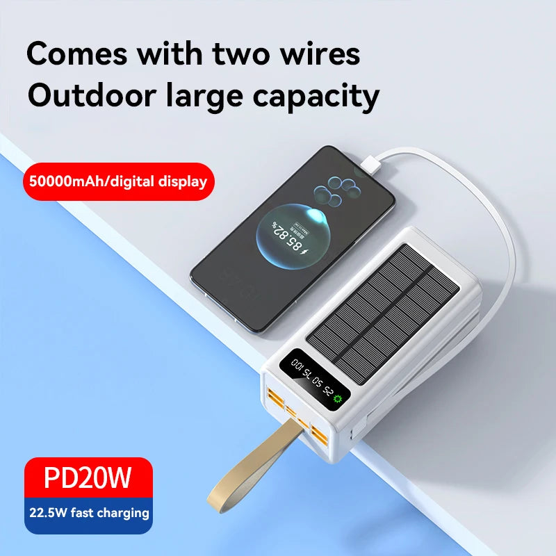 Xiaomi 50000mAh Large Capacity Solar Power Bank Built-in Cables Large Capacity LED Light Power Bank for iPhone Huawei Samsung