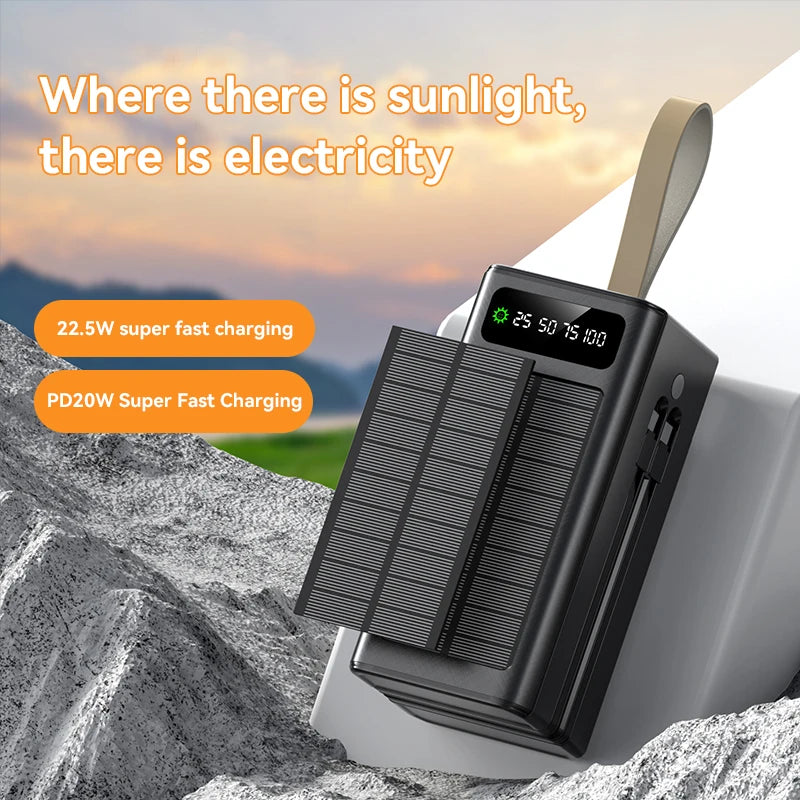 Xiaomi 50000mAh Large Capacity Solar Power Bank Built-in Cables Large Capacity LED Light Power Bank for iPhone Huawei Samsung