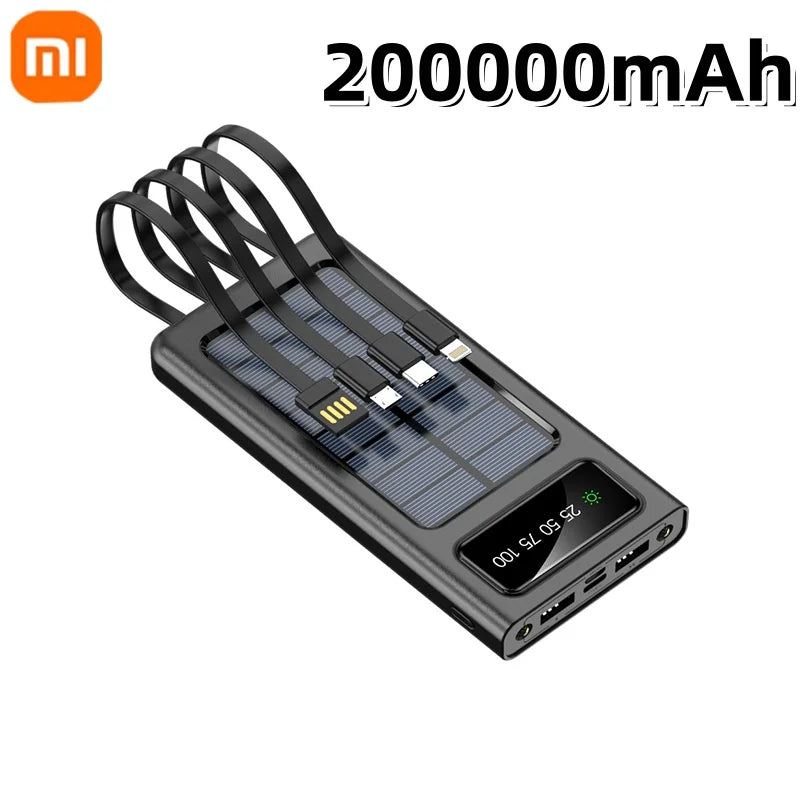 Xiaomi 200000mAh Solar Power Bank With Dual USB 4 Cables Large Capacity Mobile Power Fast Charging Battery For iPhone Samsun