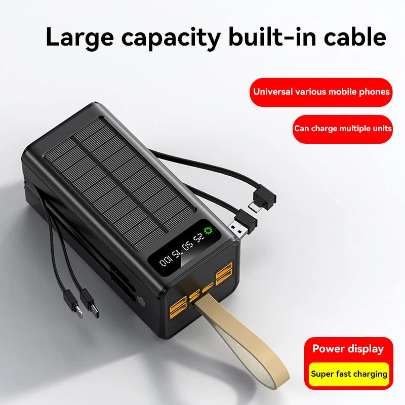 Xiaomi 50000mAh Large Capacity Solar Power Bank Built-in Cables Large Capacity LED Light Power Bank for iPhone Huawei Samsung