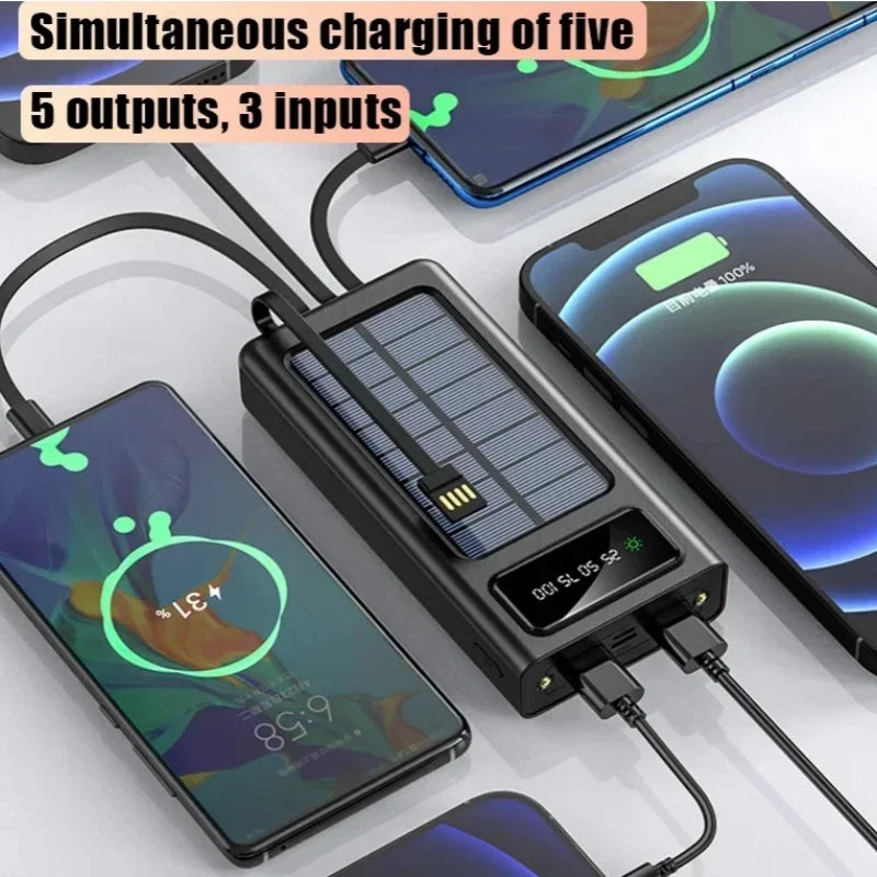 Xiaomi 200000mAh Solar Power Bank With Dual USB 4 Cables Large Capacity Mobile Power Fast Charging Battery For iPhone Samsun