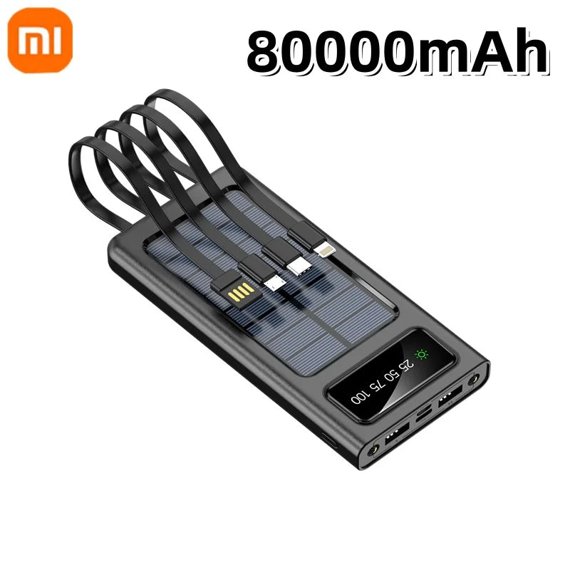 Xiaomi 200000mAh Solar Power Bank With Dual USB 4 Cables Large Capacity Mobile Power Fast Charging Battery For iPhone Samsun