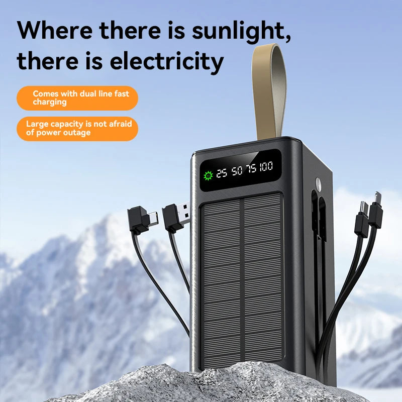 Xiaomi 50000mAh Large Capacity Solar Power Bank Built-in Cables Large Capacity LED Light Power Bank for iPhone Huawei Samsung