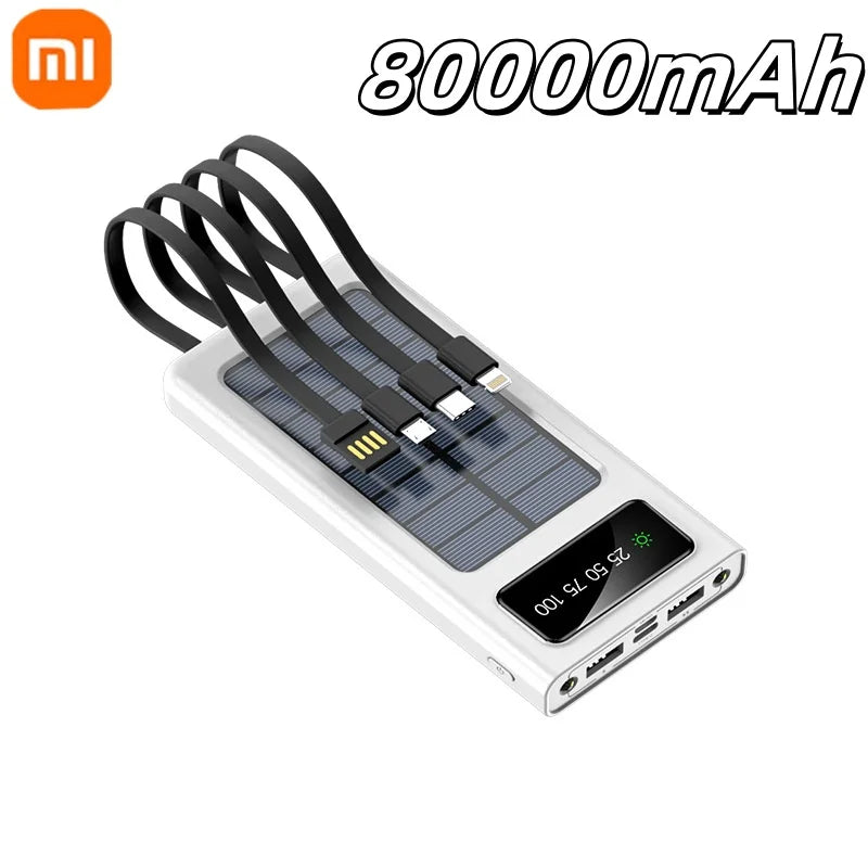 Xiaomi 200000mAh Solar Power Bank With Dual USB 4 Cables Large Capacity Mobile Power Fast Charging Battery For iPhone Samsun