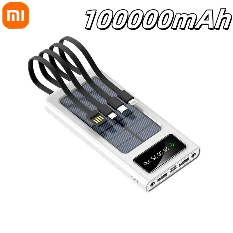 Xiaomi 200000mAh Solar Power Bank With Dual USB 4 Cables Large Capacity Mobile Power Fast Charging Battery For iPhone Samsun